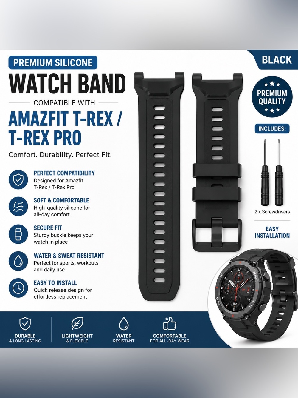 T-Rex / T-Rex Pro Premium Silicone Watch Band - Black